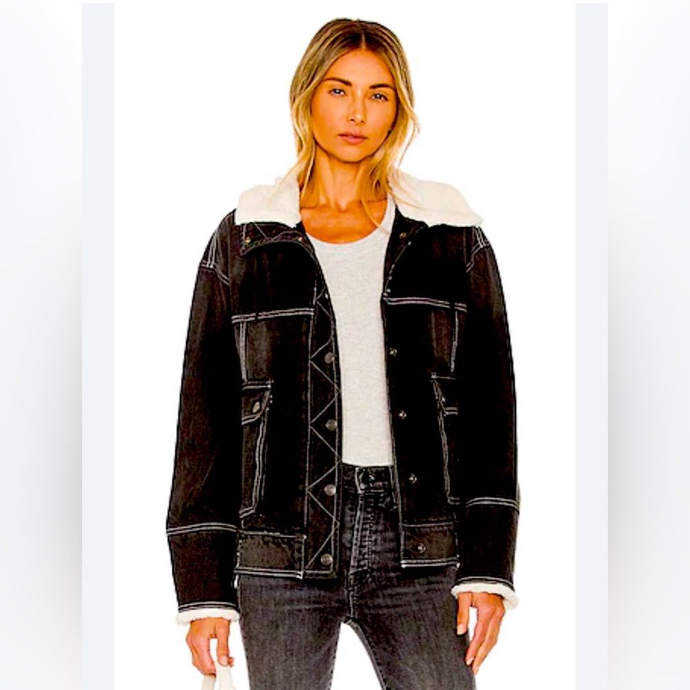We The Free Black Denim Jacket with White Sherpa Lining Size L